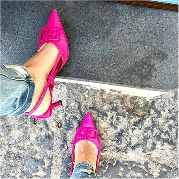 ZARA Leather Heels with Front Buckle NWT | Fuchsia Slingback Size 7.5 - Picture 8 of 16